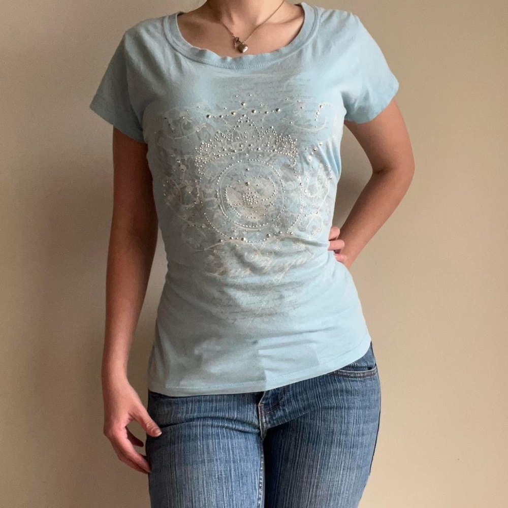 Vintage Y2K McBling Bedazzled Las Vegas Blue T Shirt Women Junior Size XL